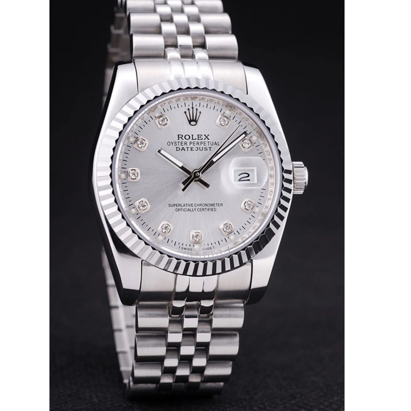 Aaa replica watch Dial Ribbed Diamonds Datejust Rolex 7455 Bezel Silver 0721